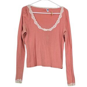 Women's Eloise Pink Long Sleeve Shirt w. White Lace Trim Size 100% Cotton Large